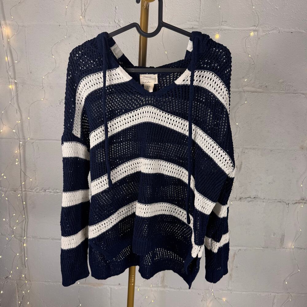 artelier nicole miller navy white striped open knit hoodie sweater M